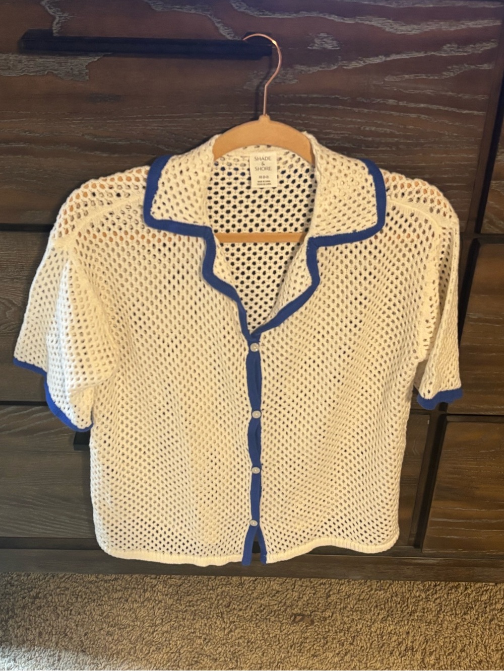 Shade & Shore White Open-Knit Short-Sleeve Shirt with Blue Trim